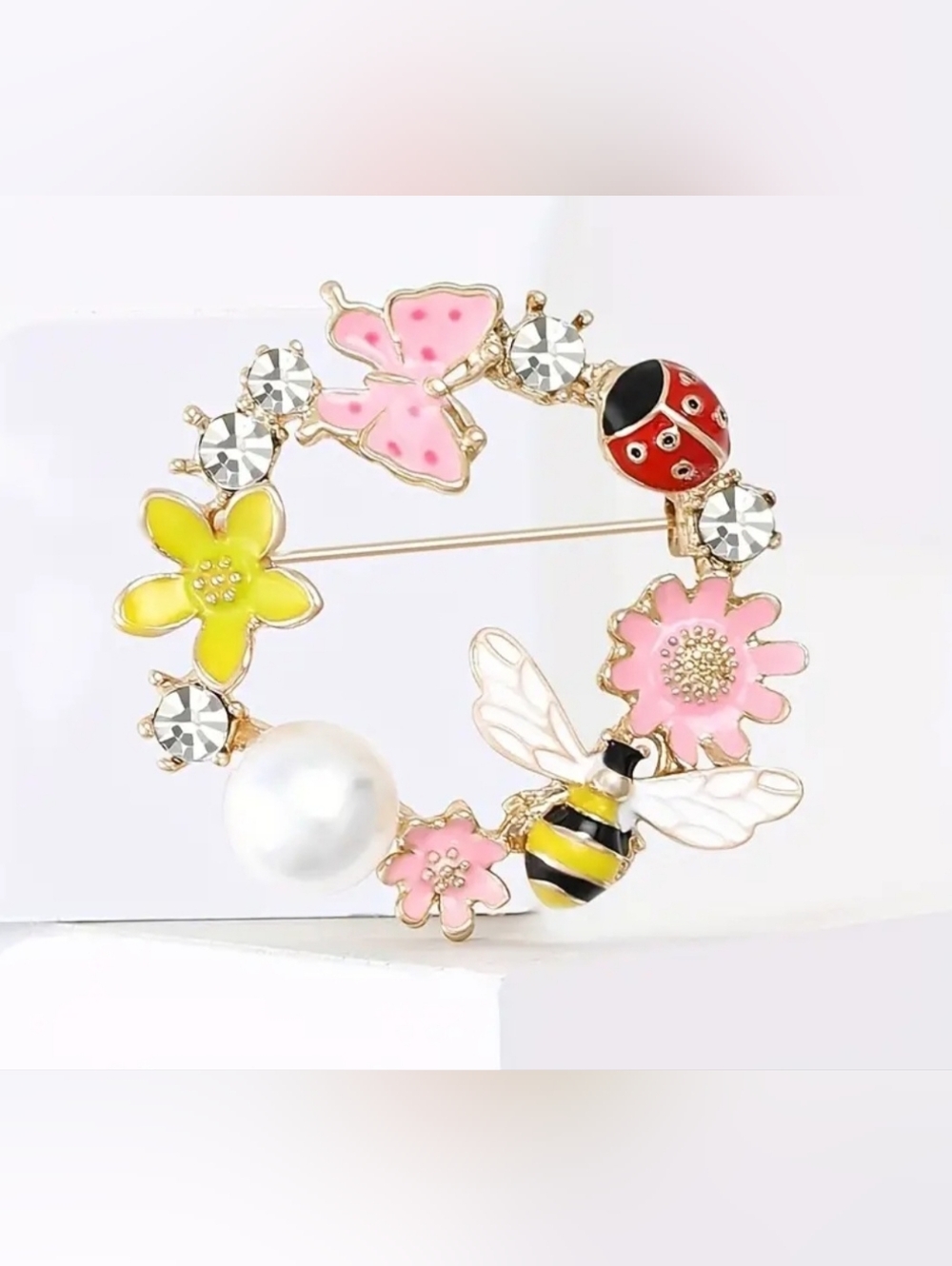 Wreath Floral Brooch with Bee, Ladybug, and Pearl - Picture 4 of 6